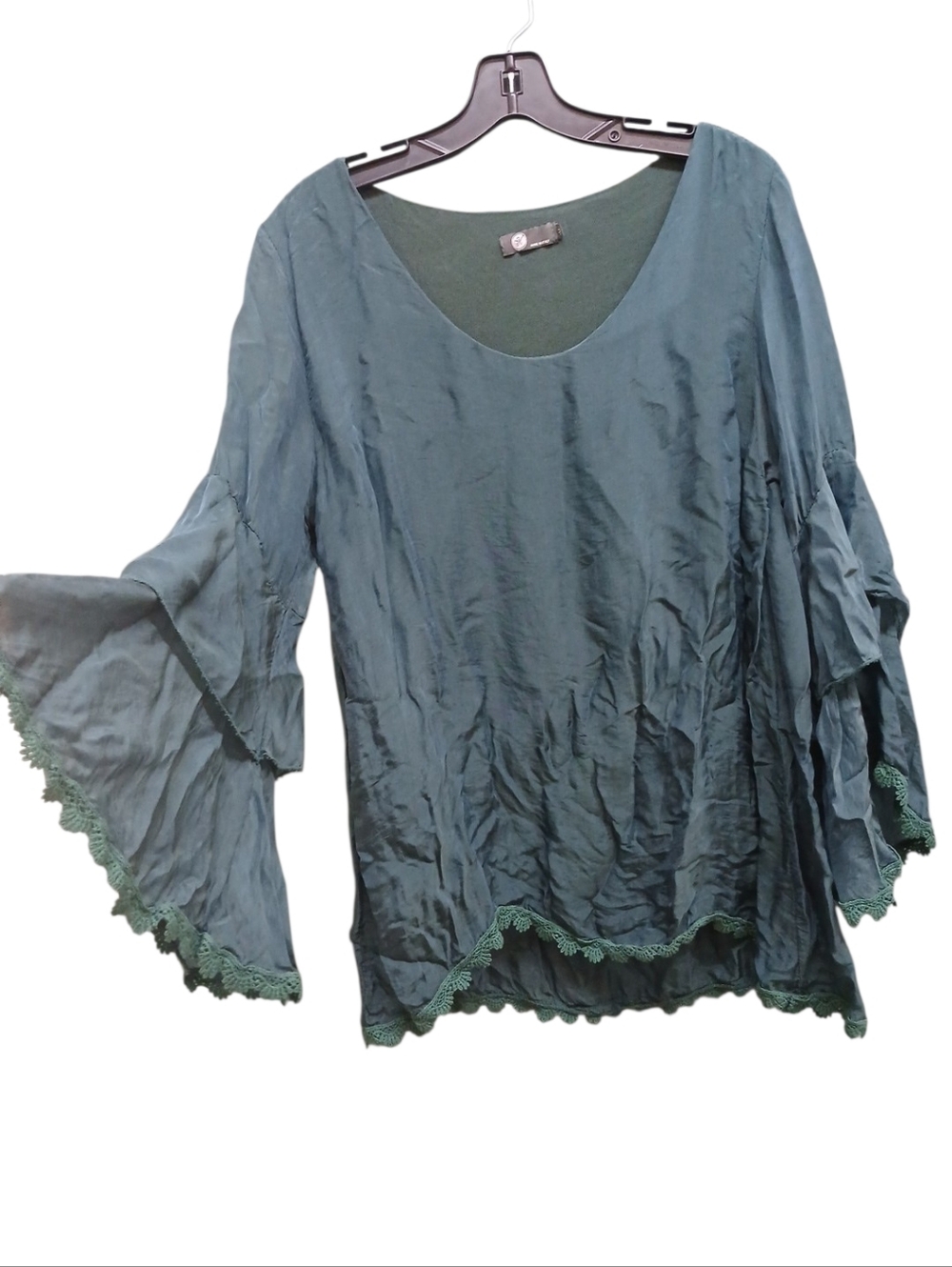Private Label Silk Blend Teal Bell Sleeve Scoop Neck Top Size Medium